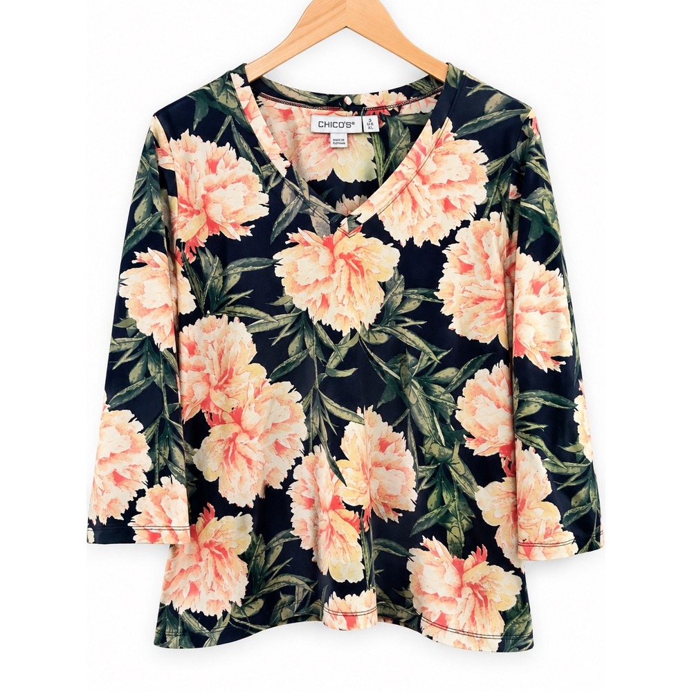 Chicos Peony Floral V-Neck Knit Top Navy Blue Peach 3/4 Sleeve Size 3 US XL
